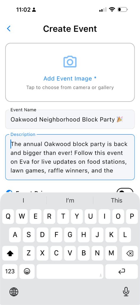 Eva app screen for creating a new event with name and details fields.